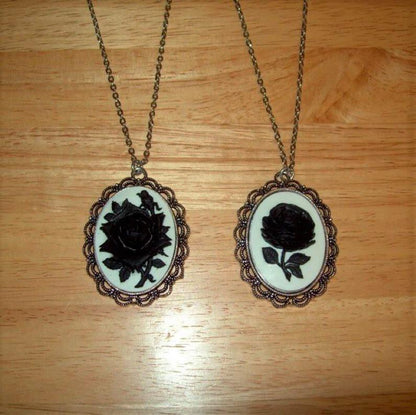 Black Rose Cameo Pendant Necklace, 40X30 mm