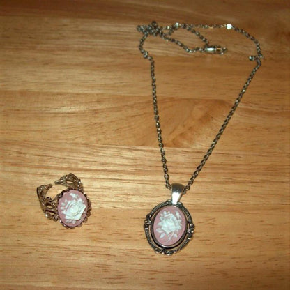 Victorian Rose Cameo Pendant Necklace and Ring Set