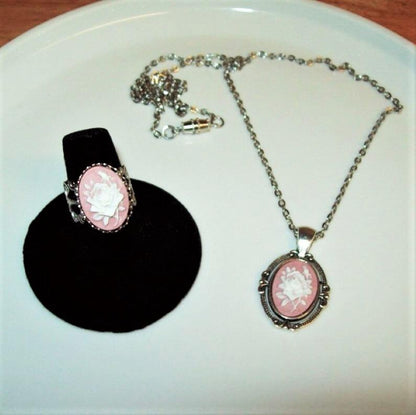Victorian Rose Cameo Pendant Necklace and Ring Set