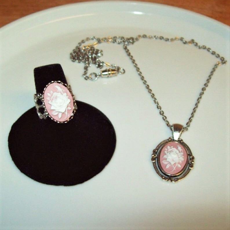 Victorian Rose Cameo Pendant Necklace and Ring Set