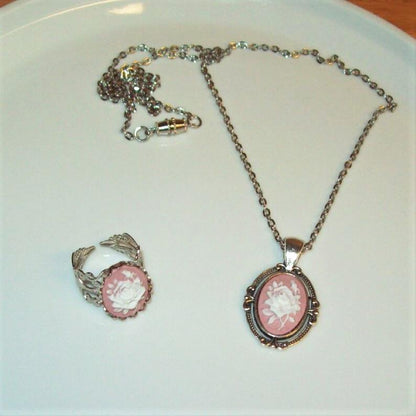 Victorian Rose Cameo Pendant Necklace and Ring Set