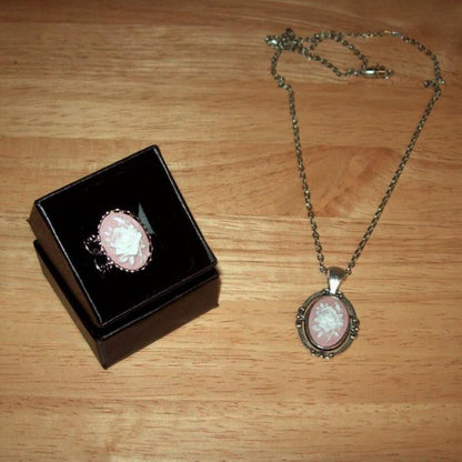 Victorian Rose Cameo Pendant Necklace and Ring Set