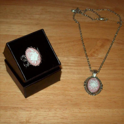Victorian Rose Cameo Pendant Necklace and Ring Set