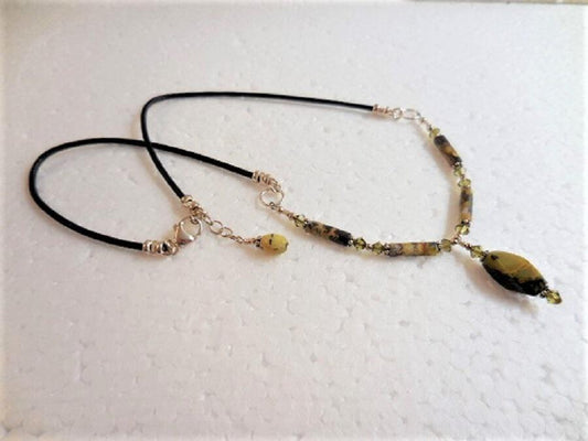 Yellow Turquoise and Crystal Necklace with Leather Cord