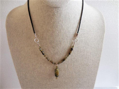 Yellow Turquoise and Crystal Necklace with Leather Cord