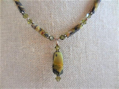 Yellow Turquoise and Crystal Necklace with Leather Cord