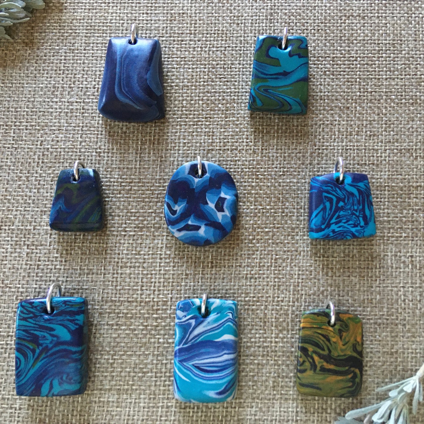 Marbled Baked Polymer Clay and Sterling Silver Necklace Pendants