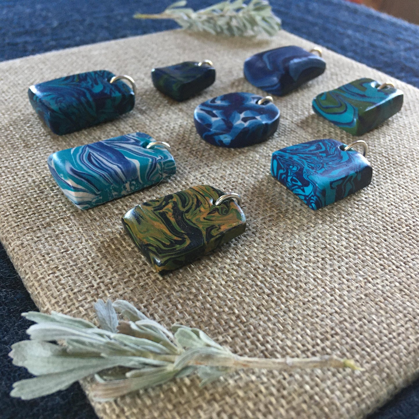 Marbled Baked Polymer Clay and Sterling Silver Necklace Pendants