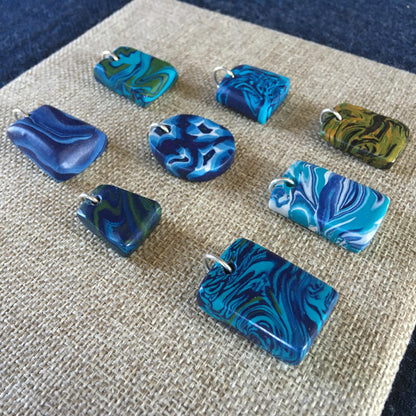 Marbled Baked Polymer Clay and Sterling Silver Necklace Pendants