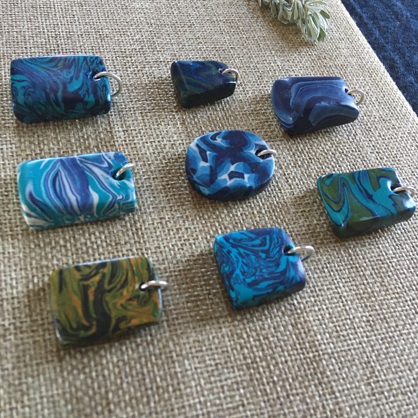 Marbled Baked Polymer Clay and Sterling Silver Necklace Pendants