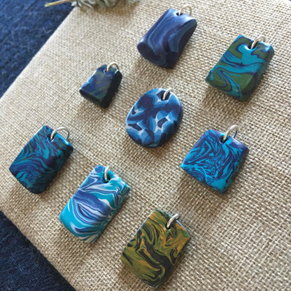 Marbled Baked Polymer Clay and Sterling Silver Necklace Pendants