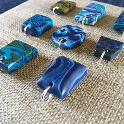 Marbled Baked Polymer Clay and Sterling Silver Necklace Pendants