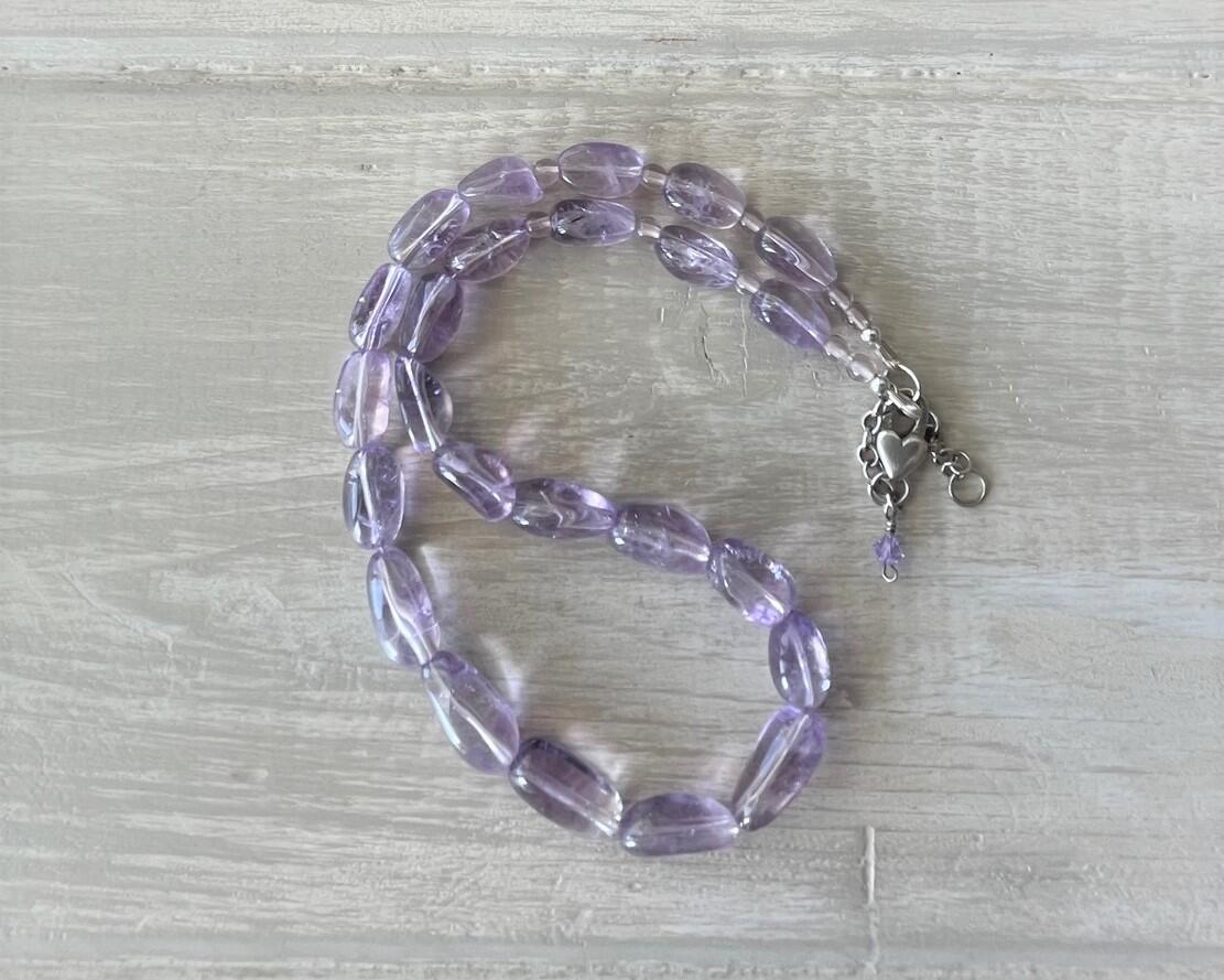 Amethyst Beaded Necklace with Sterling Heart Clasp