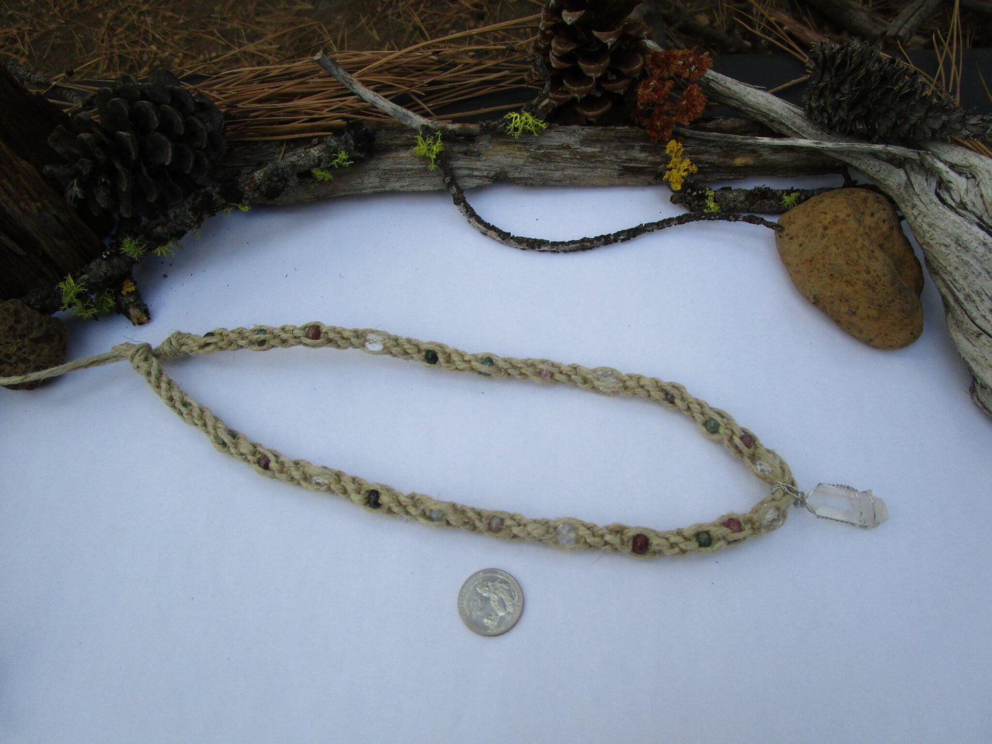 Hemp Double Spiral Necklace with Quartz Pendant and Jasper