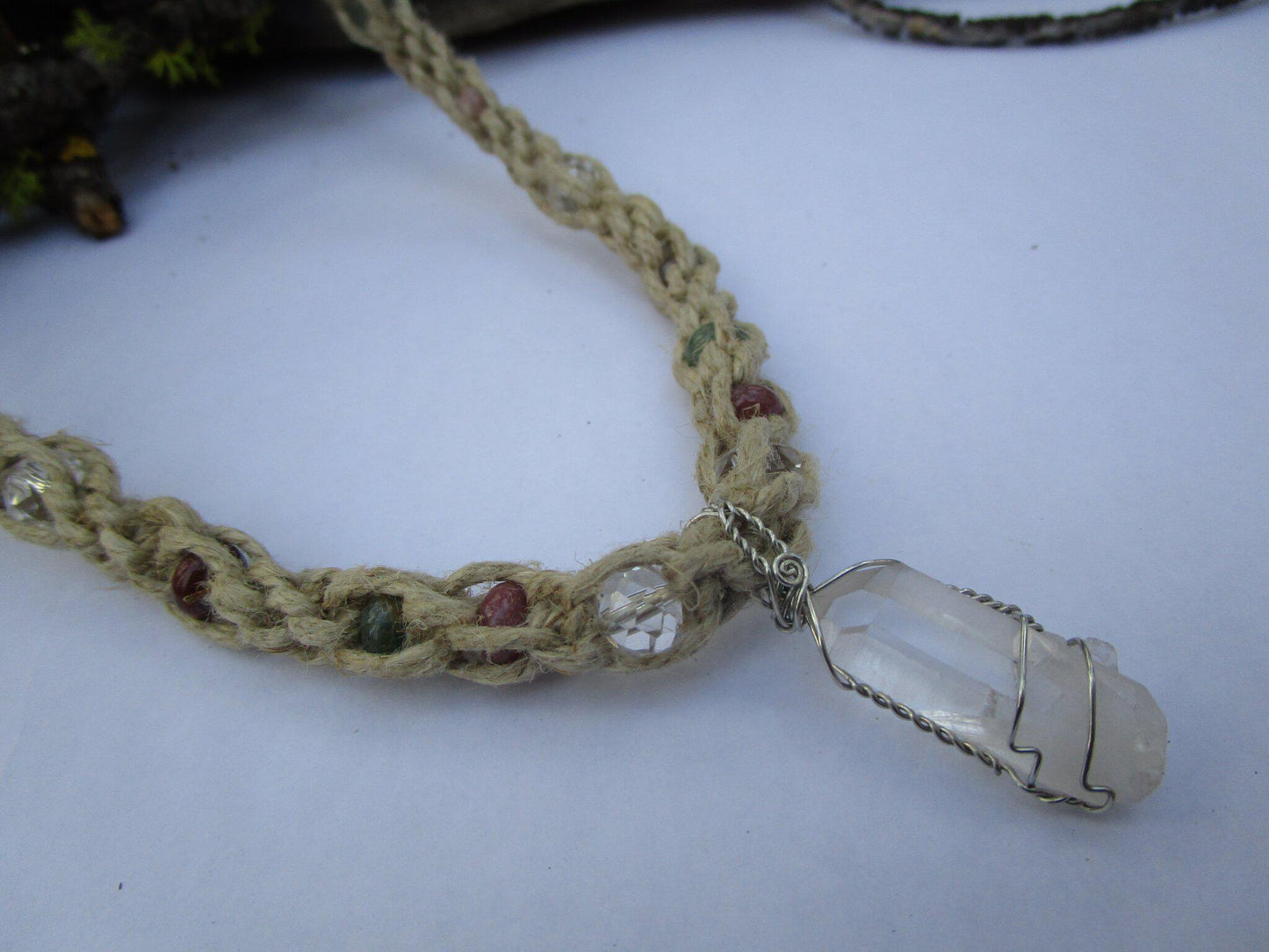 Hemp Double Spiral Necklace with Quartz Pendant and Jasper