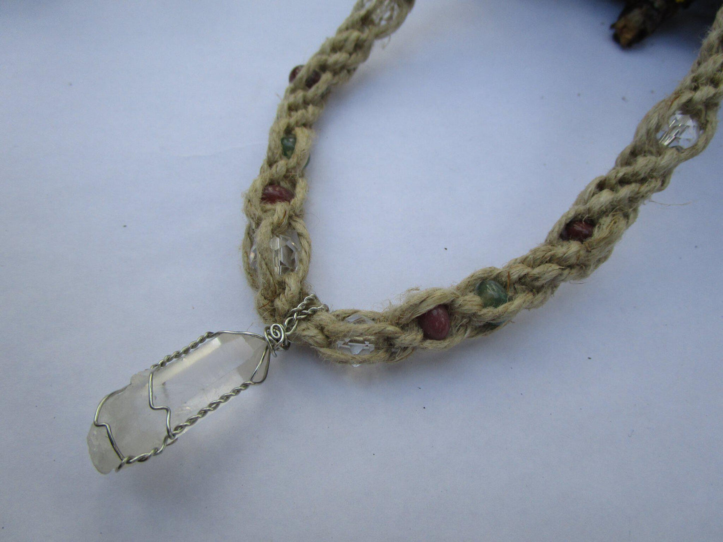 Hemp Double Spiral Necklace with Quartz Pendant and Jasper