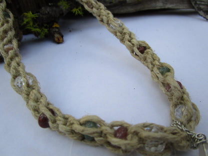 Hemp Double Spiral Necklace with Quartz Pendant and Jasper