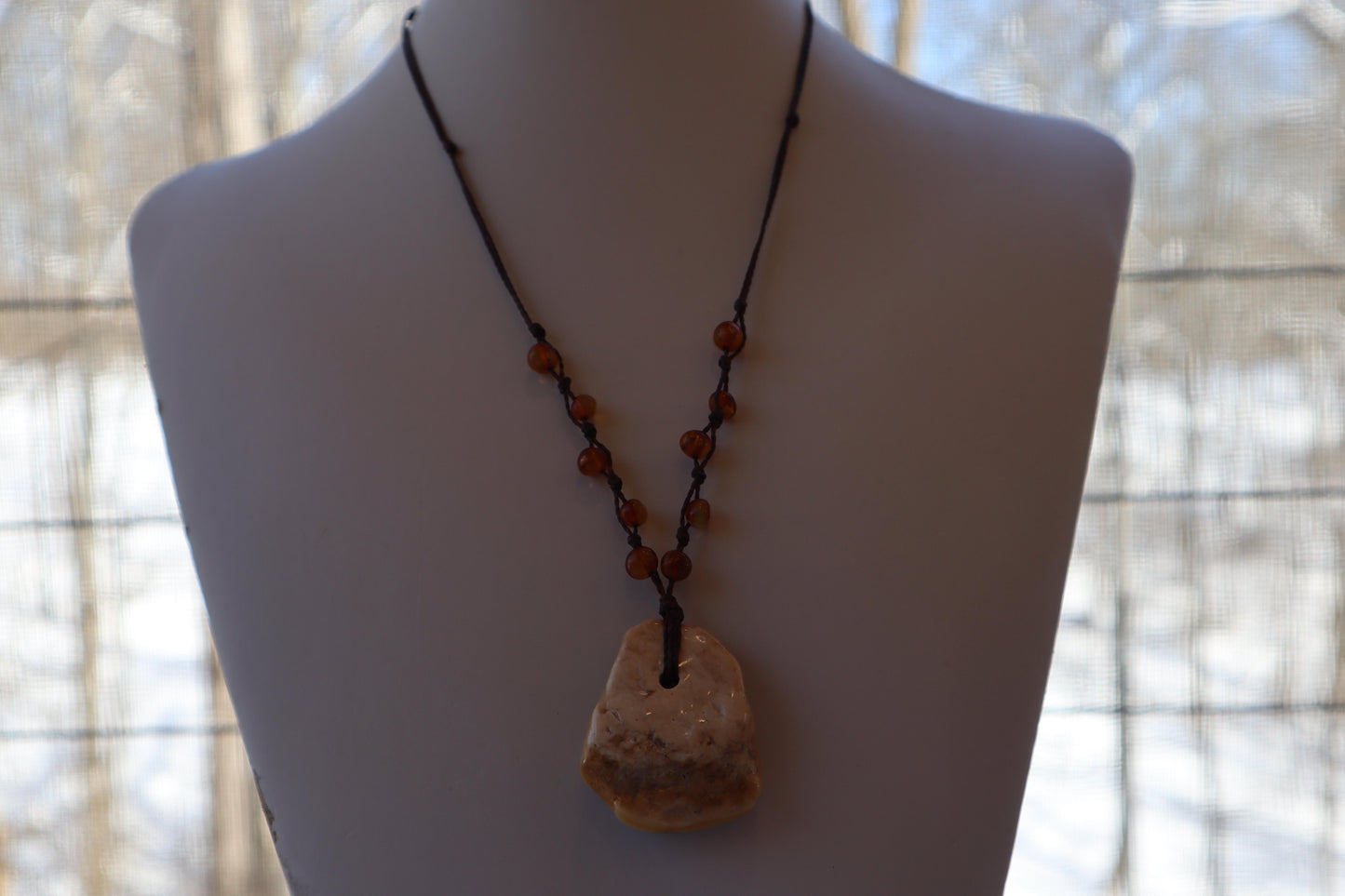 Baltic Amber Pendant Necklace, Knotted, 14.0gm, Adjustable Length 22" - 26", Large White Amber Focal Stone, Alluregem E2877