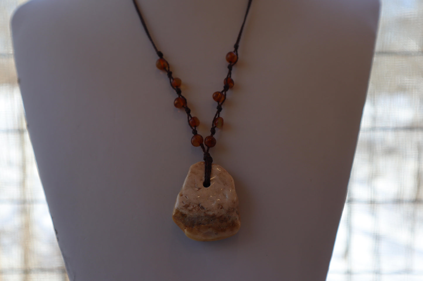 Baltic Amber Pendant Necklace, Knotted, 14.0gm, Adjustable Length 22" - 26", Large White Amber Focal Stone, Alluregem E2877