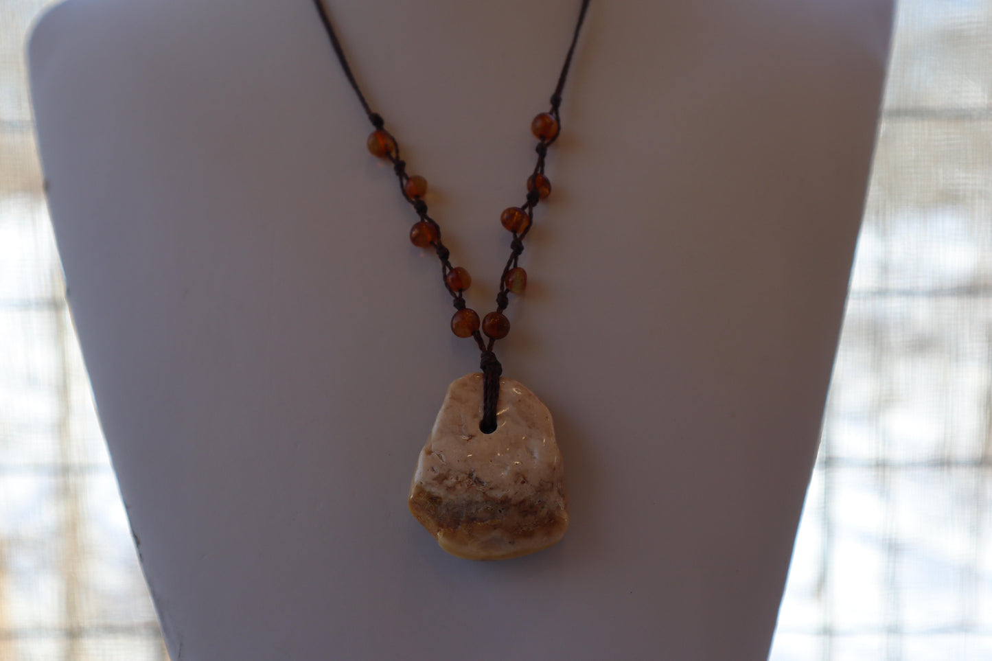 Baltic Amber Pendant Necklace, Knotted, 14.0gm, Adjustable Length 22" - 26", Large White Amber Focal Stone, Alluregem E2877