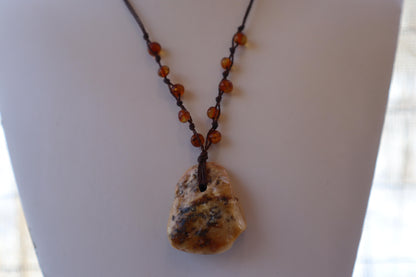 Baltic Amber Pendant Necklace, Knotted, 14.0gm, Adjustable Length 22" - 26", Large White Amber Focal Stone, Alluregem E2877
