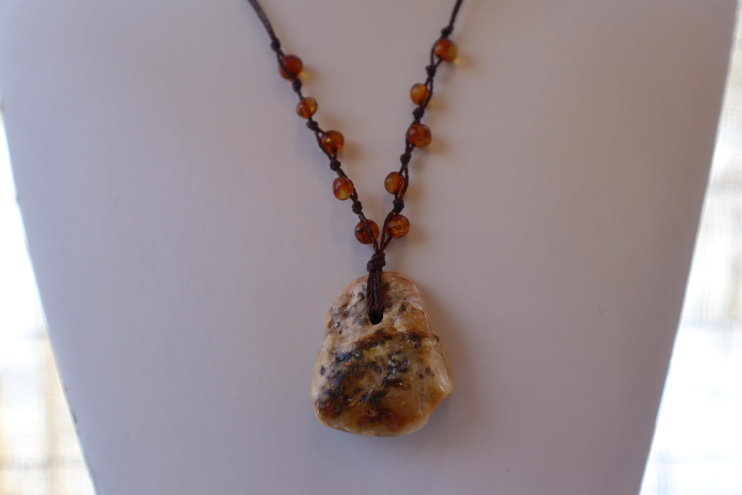 Baltic Amber Pendant Necklace, Knotted, 14.0gm, Adjustable Length 22" - 26", Large White Amber Focal Stone, Alluregem E2877