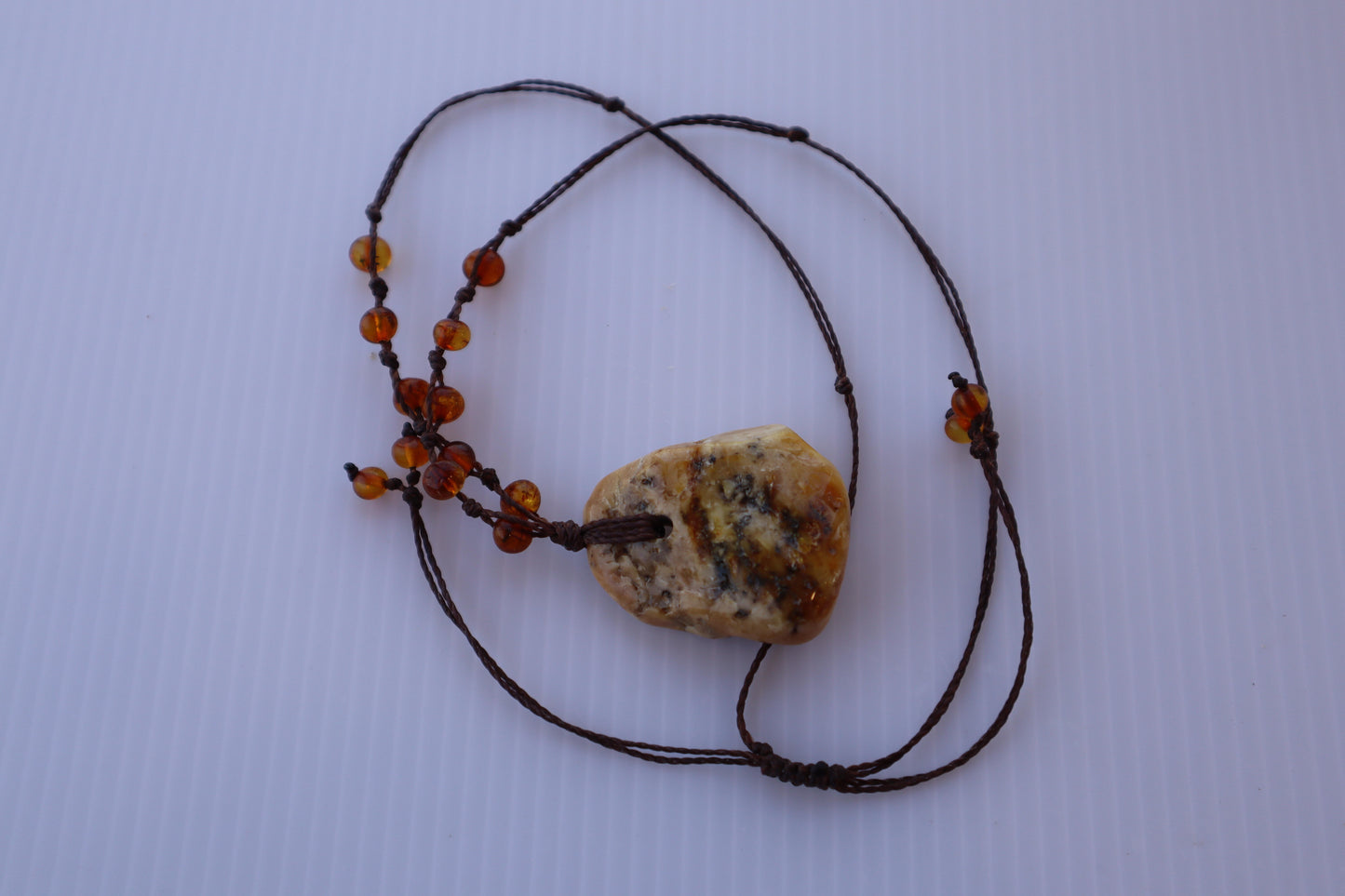 Baltic Amber Pendant Necklace, Knotted, 14.0gm, Adjustable Length 22" - 26", Large White Amber Focal Stone, Alluregem E2877