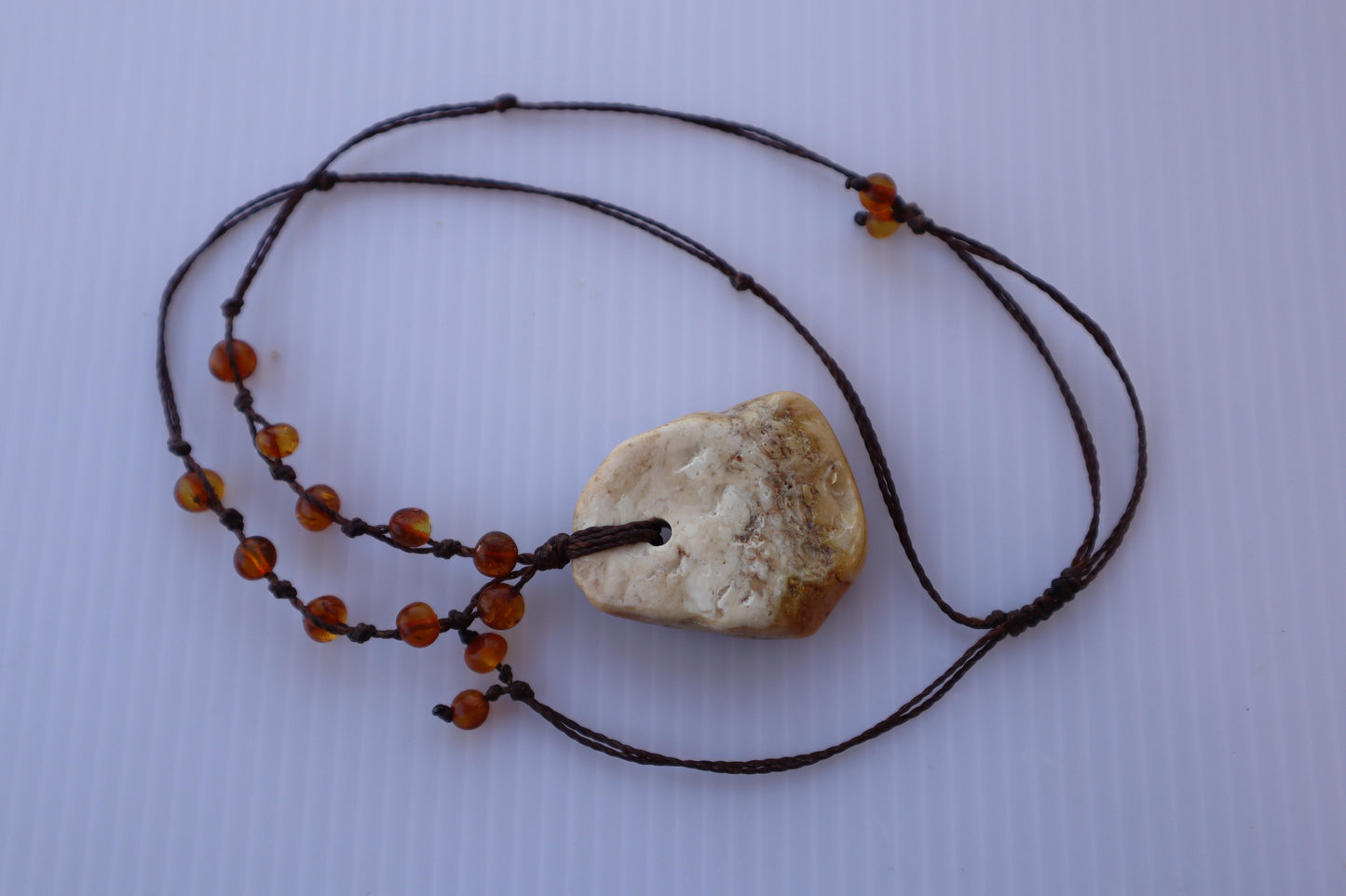 Baltic Amber Pendant Necklace, Knotted, 14.0gm, Adjustable Length 22" - 26", Large White Amber Focal Stone, Alluregem E2877