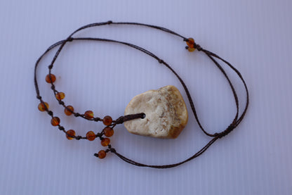 Baltic Amber Pendant Necklace, Knotted, 14.0gm, Adjustable Length 22" - 26", Large White Amber Focal Stone, Alluregem E2877