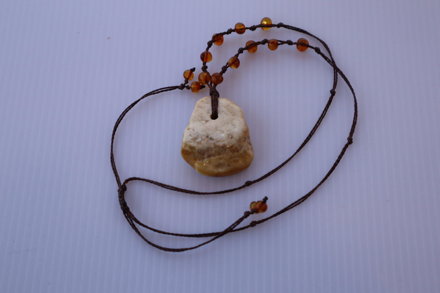 Baltic Amber Pendant Necklace, Knotted, 14.0gm, Adjustable Length 22" - 26", Large White Amber Focal Stone, Alluregem E2877