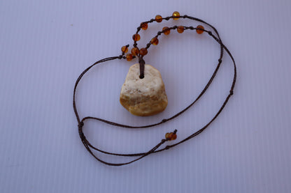 Baltic Amber Pendant Necklace, Knotted, 14.0gm, Adjustable Length 22" - 26", Large White Amber Focal Stone, Alluregem E2877