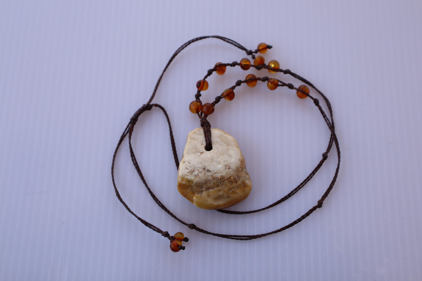 Baltic Amber Pendant Necklace, Knotted, 14.0gm, Adjustable Length 22" - 26", Large White Amber Focal Stone, Alluregem E2877