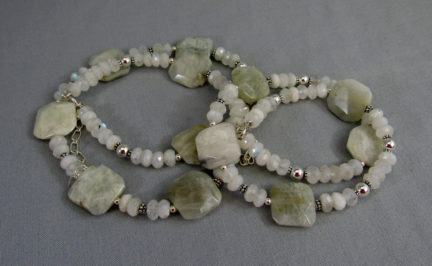 Blue Flash Moonstone Bead Necklace with Sterling Silver, Rainbow Moonstone Jewelry