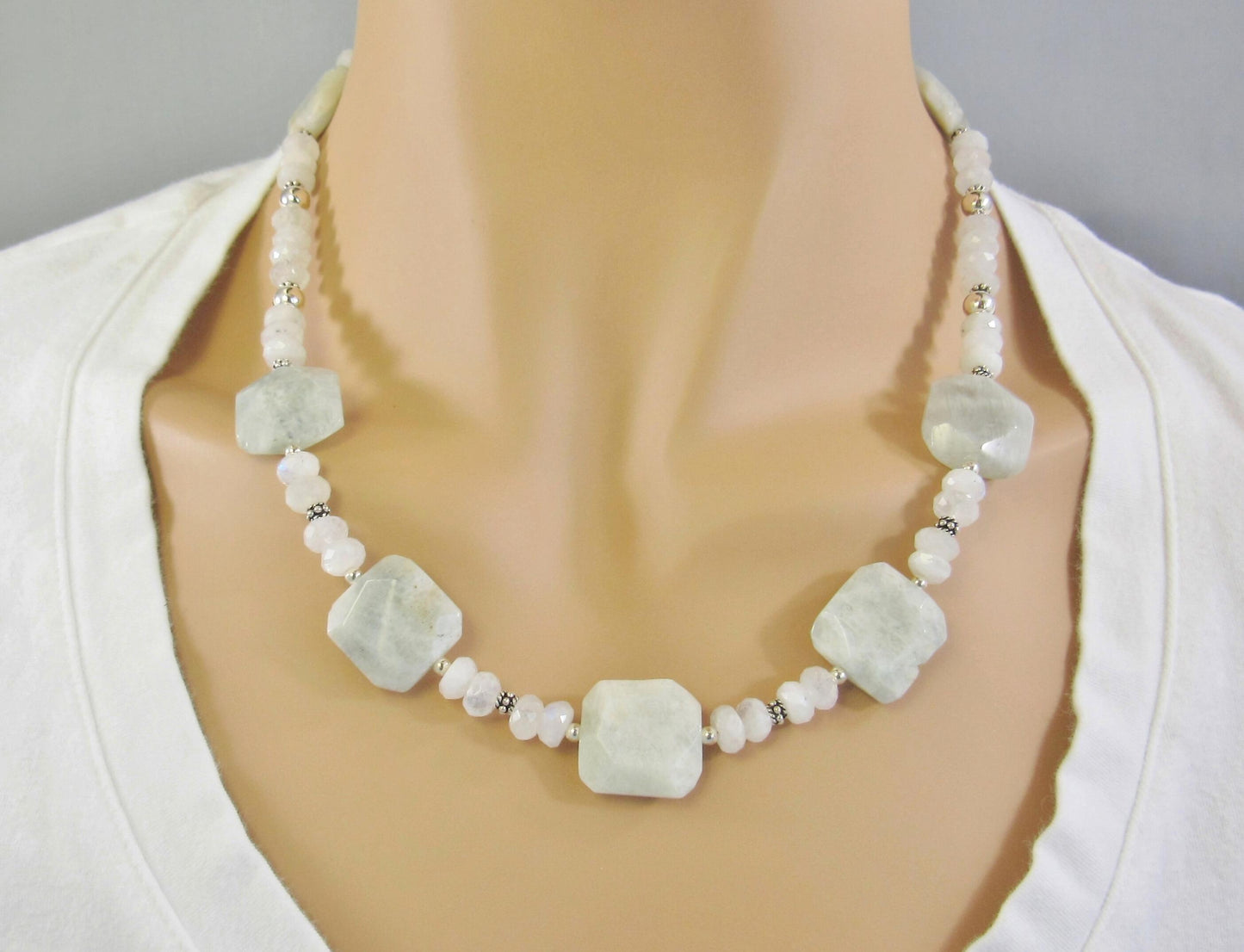 Blue Flash Moonstone Bead Necklace with Sterling Silver, Rainbow Moonstone Jewelry