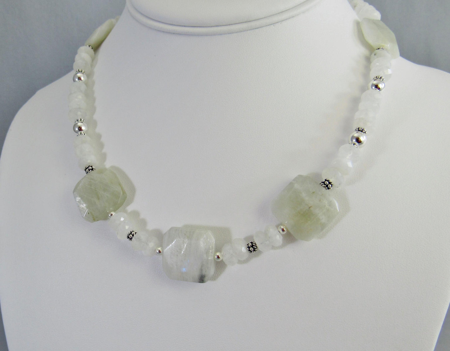 Blue Flash Moonstone Bead Necklace with Sterling Silver, Rainbow Moonstone Jewelry