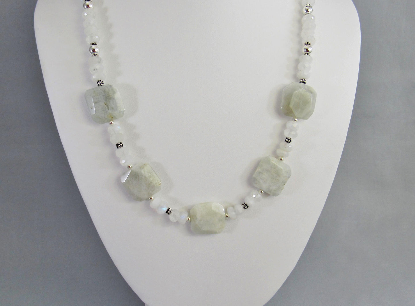 Blue Flash Moonstone Bead Necklace with Sterling Silver, Rainbow Moonstone Jewelry