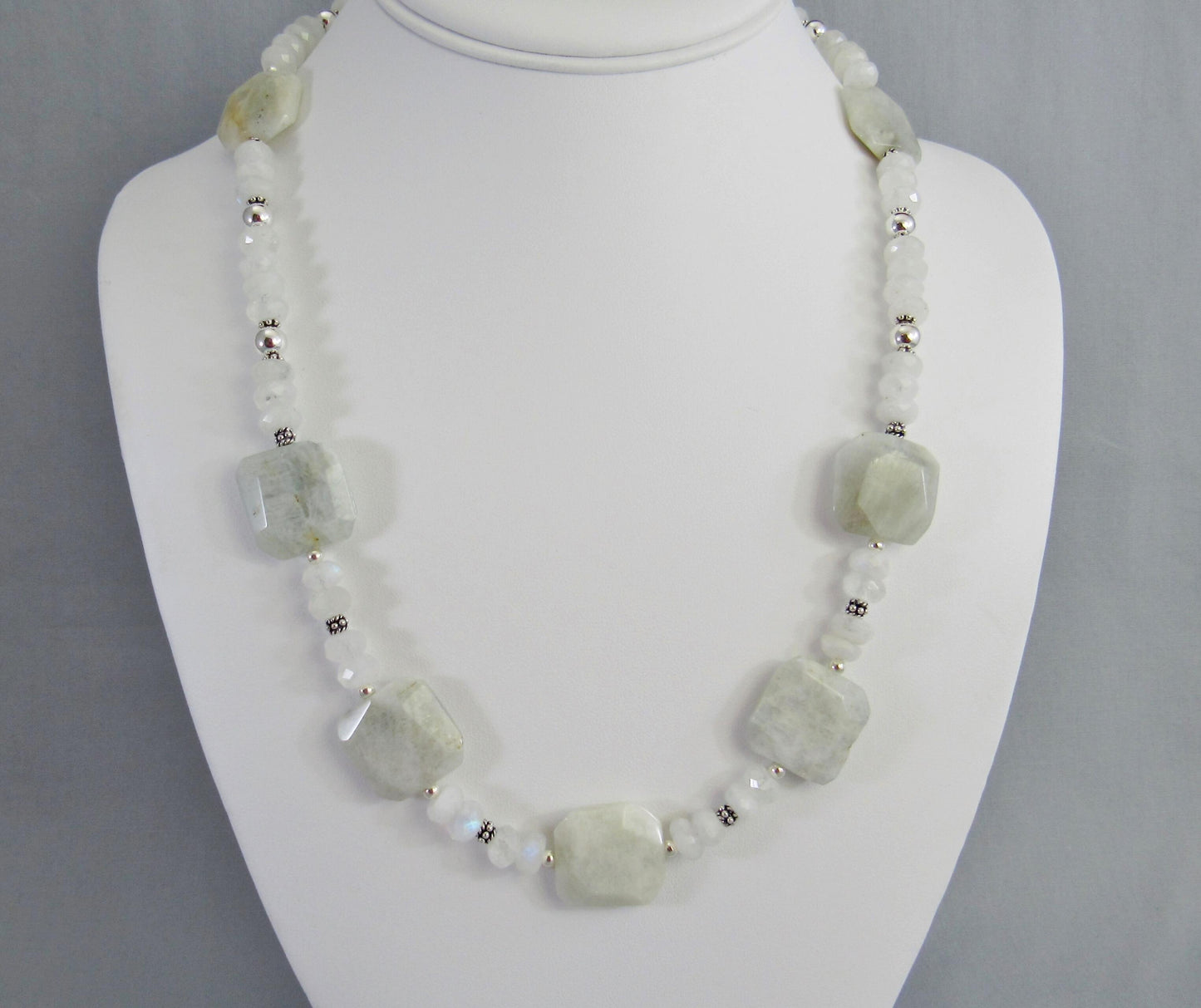 Blue Flash Moonstone Bead Necklace with Sterling Silver, Rainbow Moonstone Jewelry