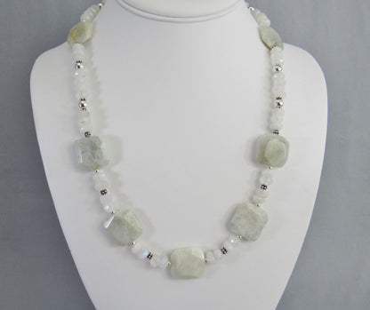 Blue Flash Moonstone Bead Necklace with Sterling Silver, Rainbow Moonstone Jewelry