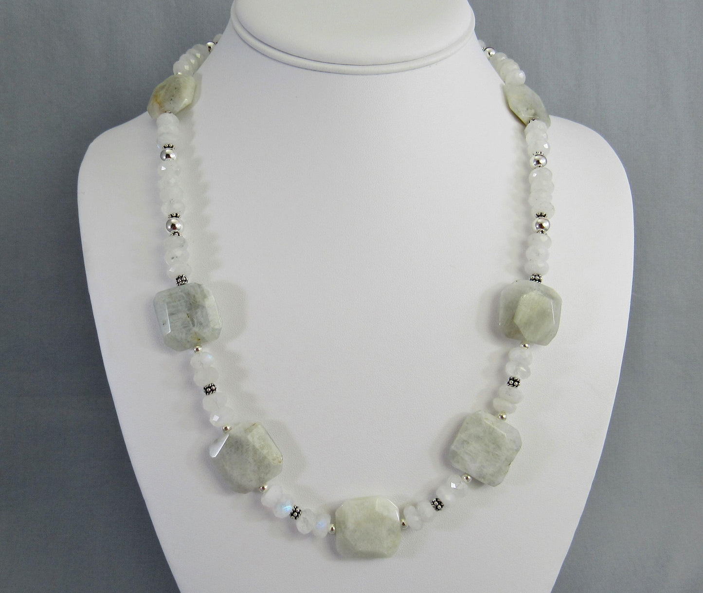Blue Flash Moonstone Bead Necklace with Sterling Silver, Rainbow Moonstone Jewelry