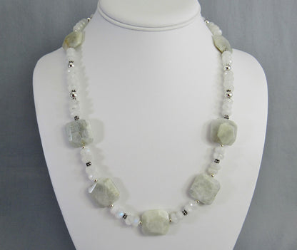 Blue Flash Moonstone Bead Necklace with Sterling Silver, Rainbow Moonstone Jewelry