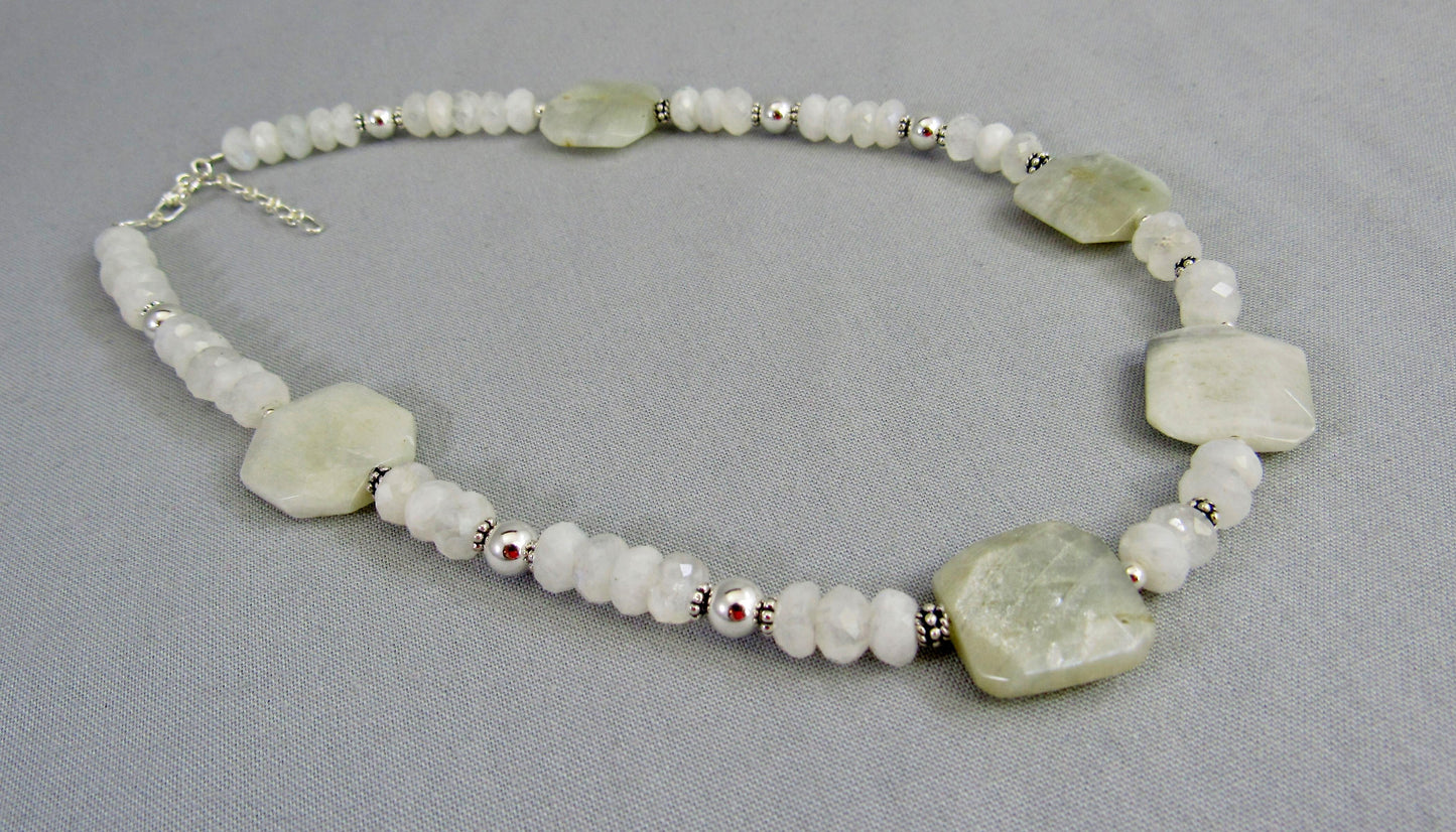 Blue Flash Moonstone Bead Necklace with Sterling Silver, Rainbow Moonstone Jewelry