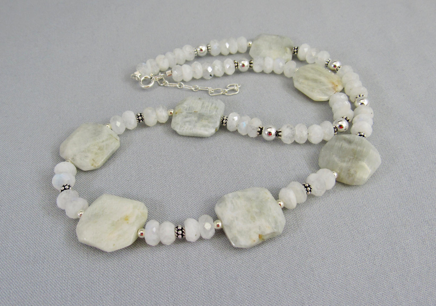 Blue Flash Moonstone Bead Necklace with Sterling Silver, Rainbow Moonstone Jewelry