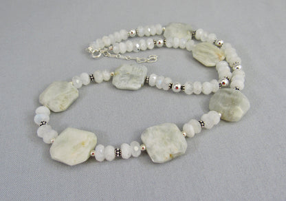 Blue Flash Moonstone Bead Necklace with Sterling Silver, Rainbow Moonstone Jewelry