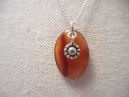 Agate and Sterling Pendant Necklace with Sterling Flower Charm