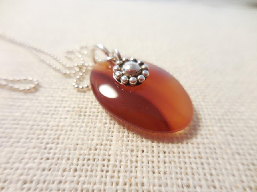 Agate and Sterling Pendant Necklace with Sterling Flower Charm