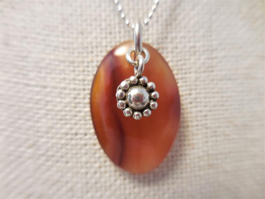 Agate and Sterling Pendant Necklace with Sterling Flower Charm
