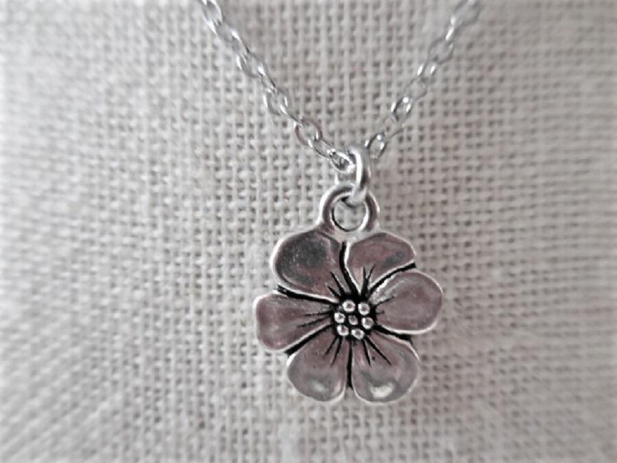 Dainty Choker Necklace with Silver Flower Charm on Silver Plate Chain
