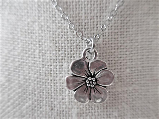 Dainty Choker Necklace with Silver Flower Charm on Silver Plate Chain