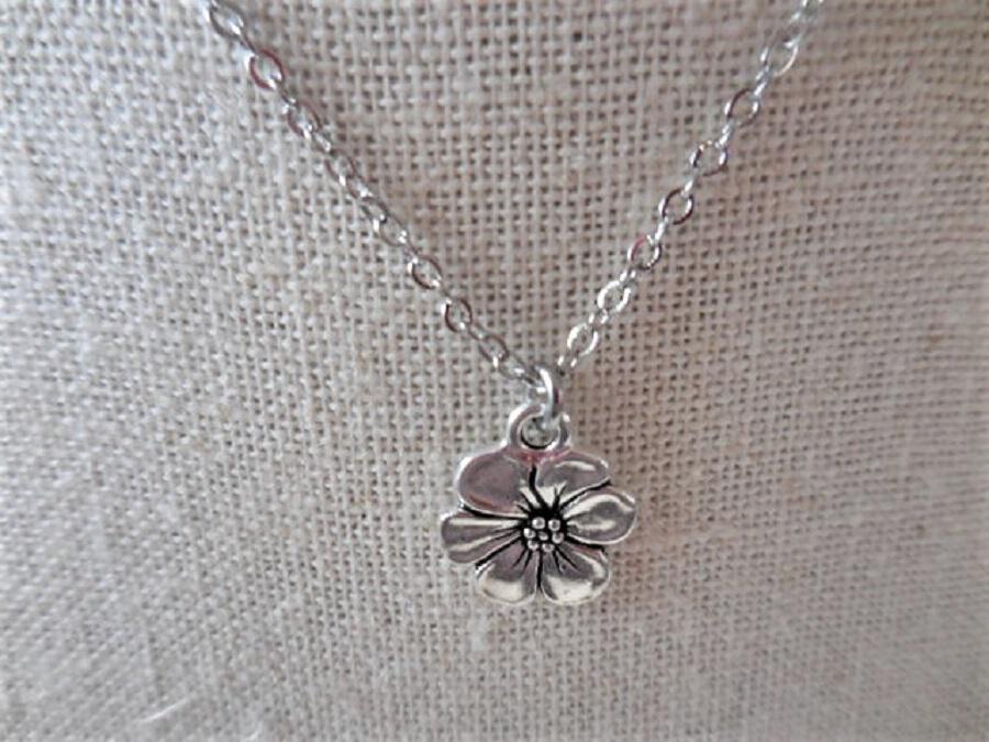 Dainty Choker Necklace with Silver Flower Charm on Silver Plate Chain