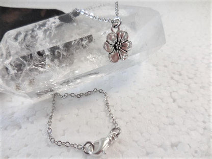 Dainty Choker Necklace with Silver Flower Charm on Silver Plate Chain